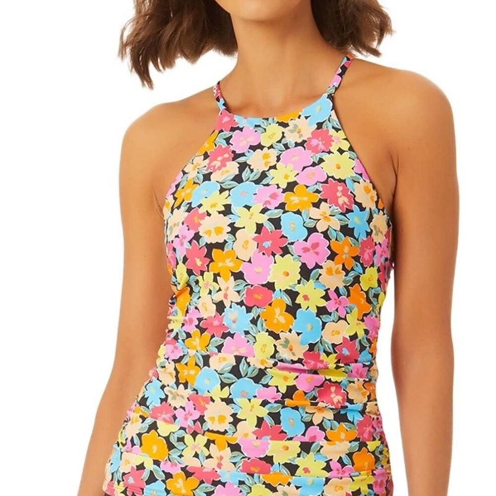 Anne Cole Black Floral High-Neck Tankini Top